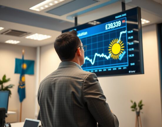 Financial analyst monitoring Kazakhstan tenge exchange rate chart on digital display