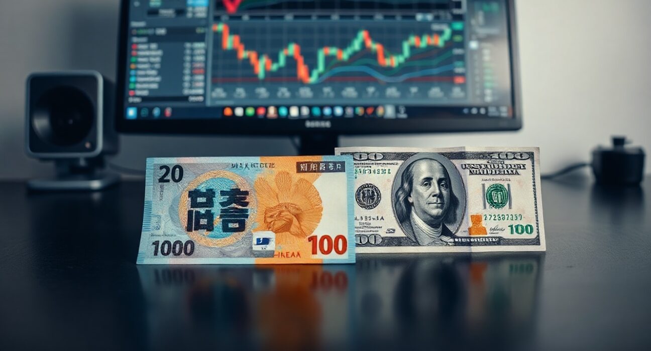 South Korean won and US dollar banknotes on a desk with financial charts in the background, illustrating currency exchange analysis.