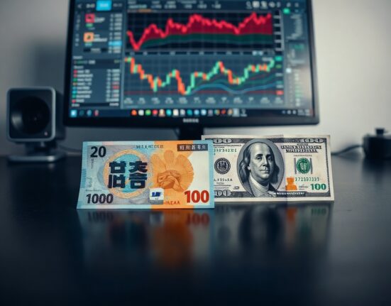 South Korean won and US dollar banknotes on a desk with financial charts in the background, illustrating currency exchange analysis.