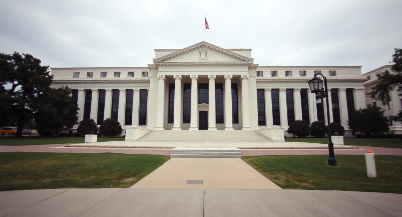Exterior of the Federal Reserve Building in Washington, D.C., under overcast skies.