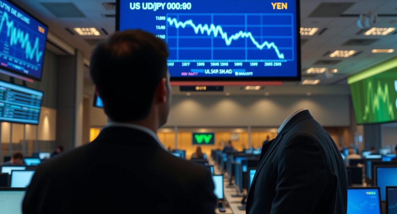 Financial analyst monitoring USD/JPY exchange rate chart on trading floor
