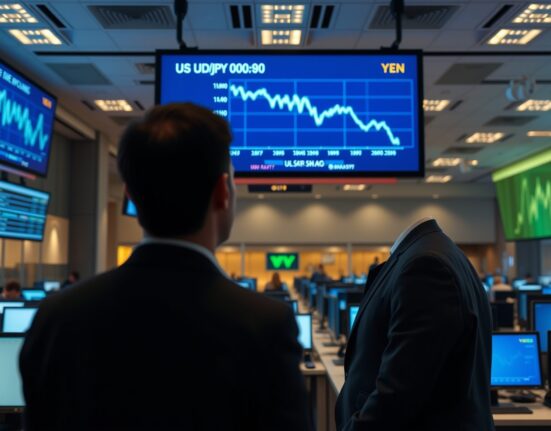 Financial analyst monitoring USD/JPY exchange rate chart on trading floor