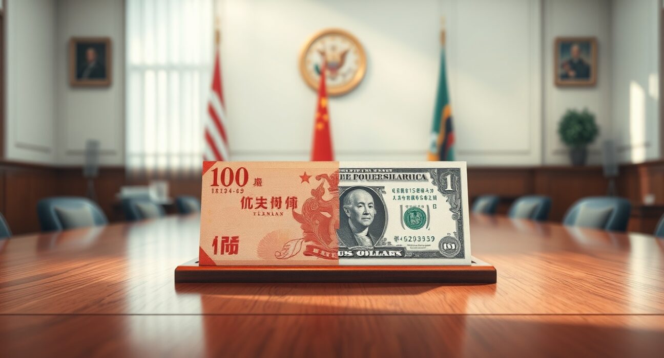 Chinese yuan and US dollar banknotes on a desk in a diplomatic meeting room setting