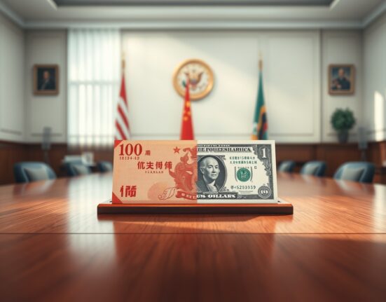 Chinese yuan and US dollar banknotes on a desk in a diplomatic meeting room setting