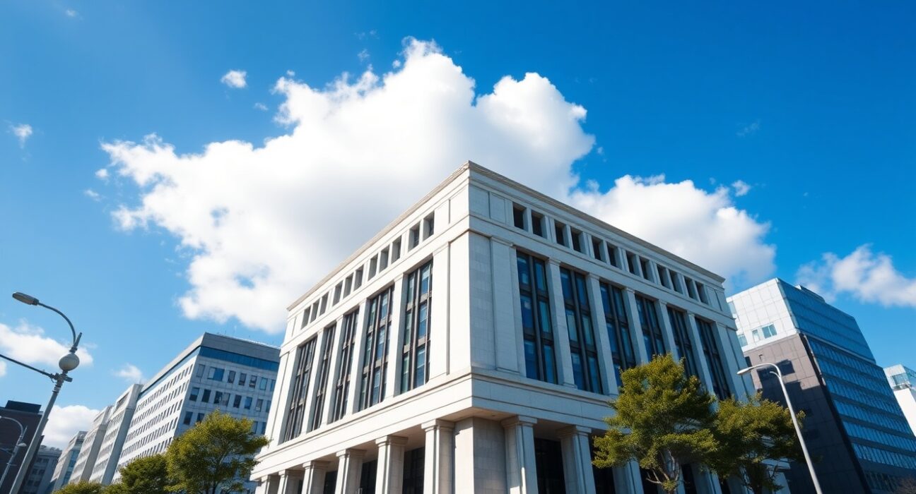 Bank of Japan headquarters building in Tokyo on a sunny day, representing economic policy and forecasting.