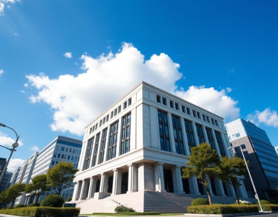 Bank of Japan headquarters building in Tokyo on a sunny day, representing economic policy and forecasting.