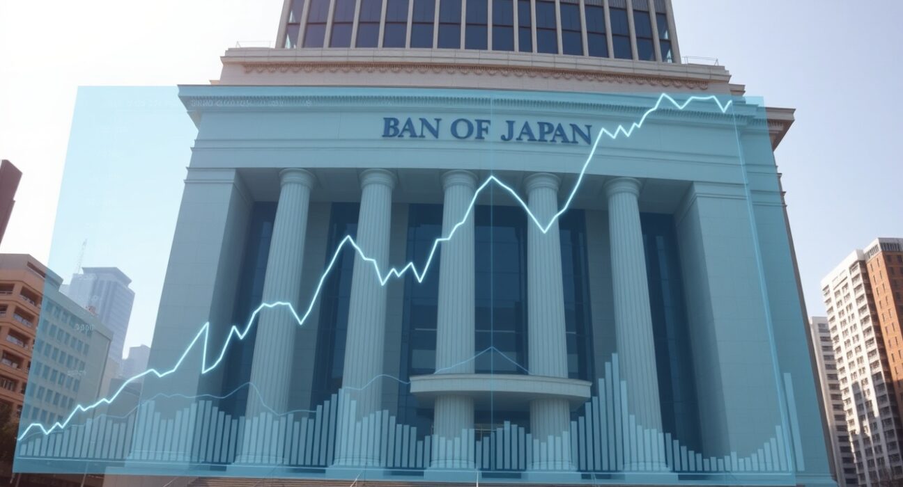 Bank of Japan headquarters with oil price inflation data visualization showing economic pressure
