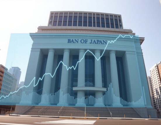Bank of Japan headquarters with oil price inflation data visualization showing economic pressure