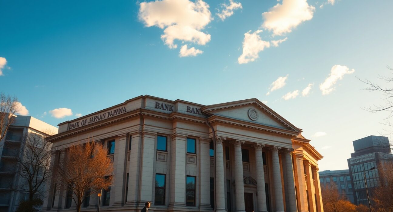 Bank of Japan headquarters in Tokyo with a clear sky, representing BoJ cautious stance and inflation guidance analyzed by Rabobank.
