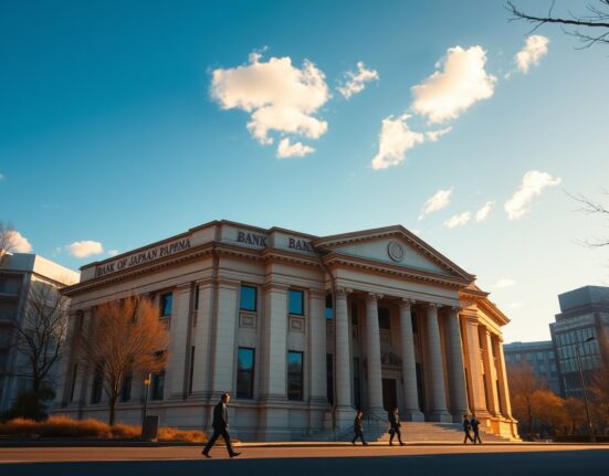 Bank of Japan headquarters in Tokyo with a clear sky, representing BoJ cautious stance and inflation guidance analyzed by Rabobank.