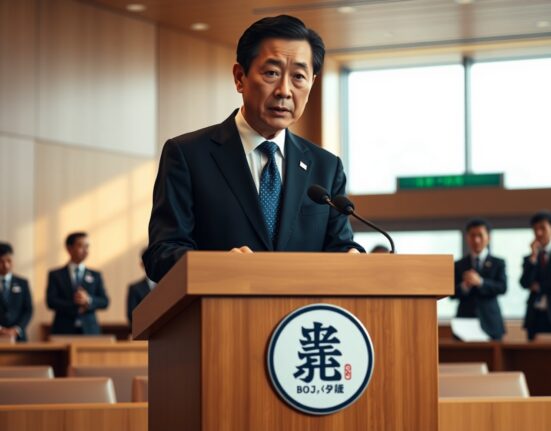 Bank of Japan Governor Kazuo Ueda speaking about monetary policy at press conference