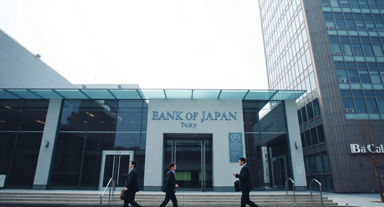 Bank of Japan headquarters in Tokyo on a cloudy morning, representing monetary policy decision.