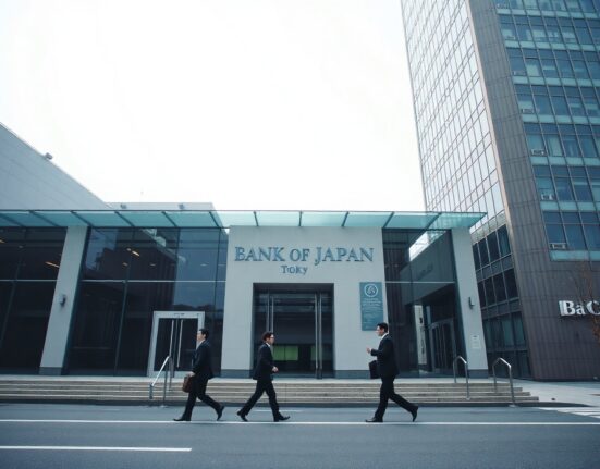Bank of Japan headquarters in Tokyo on a cloudy morning, representing monetary policy decision.