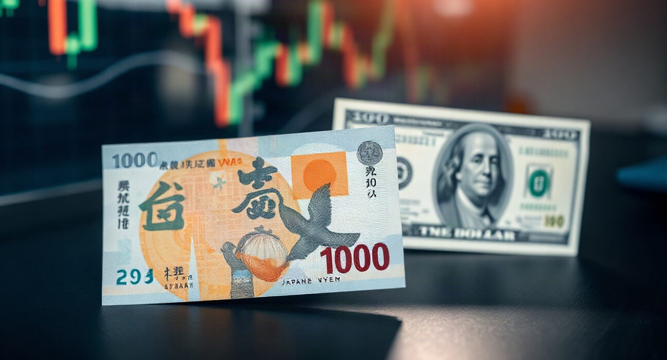 Japanese yen and US dollar banknotes with financial charts in background
