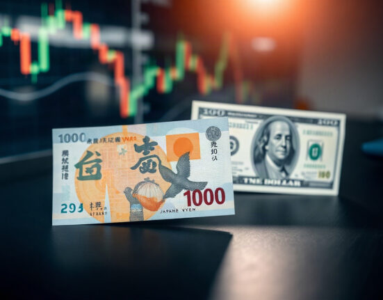 Japanese yen and US dollar banknotes with financial charts in background