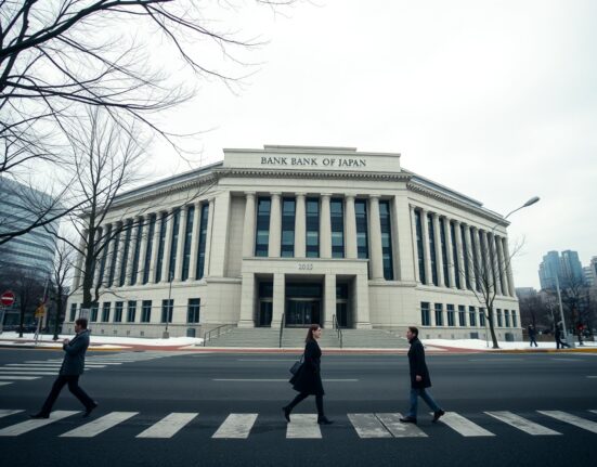 Bank of Japan headquarters building in Tokyo on a cloudy day
