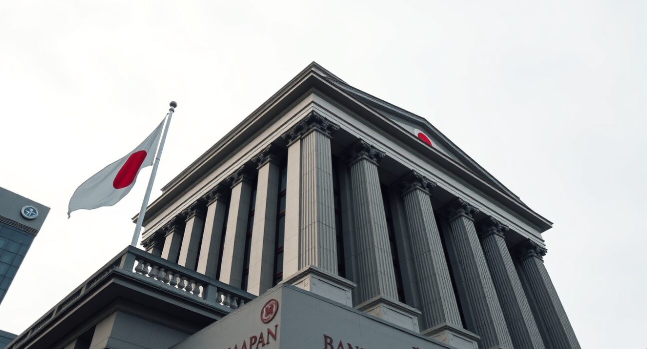 Bank of Japan headquarters in Tokyo on a clear day, symbolizing monetary policy and interest rate decisions.