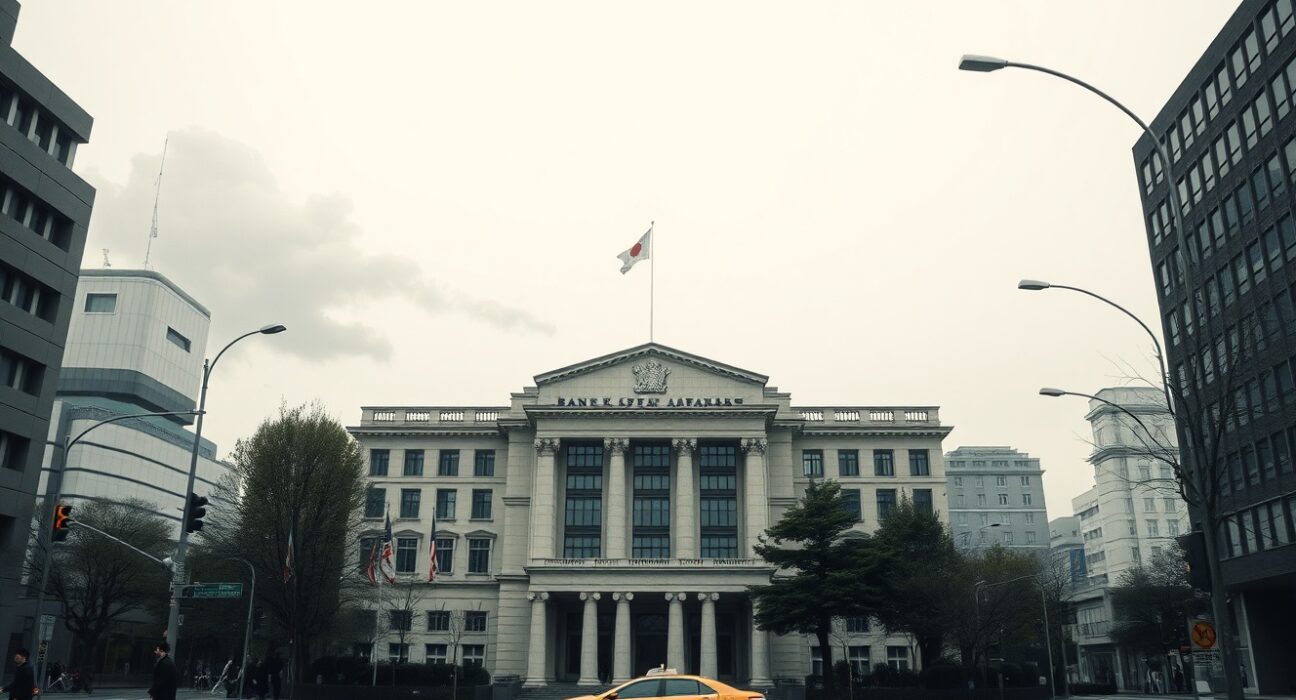 Bank of Japan headquarters in Tokyo under overcast sky reflecting Iran war inflation fears