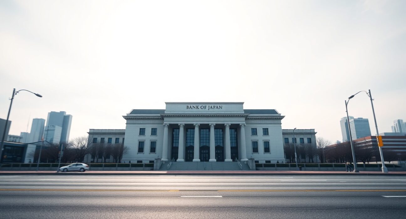Bank of Japan headquarters building in Tokyo, representing the central bank's interest rate decision and inflation forecast upgrade.
