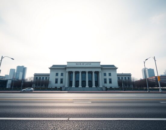 Bank of Japan headquarters building in Tokyo, representing the central bank's interest rate decision and inflation forecast upgrade.
