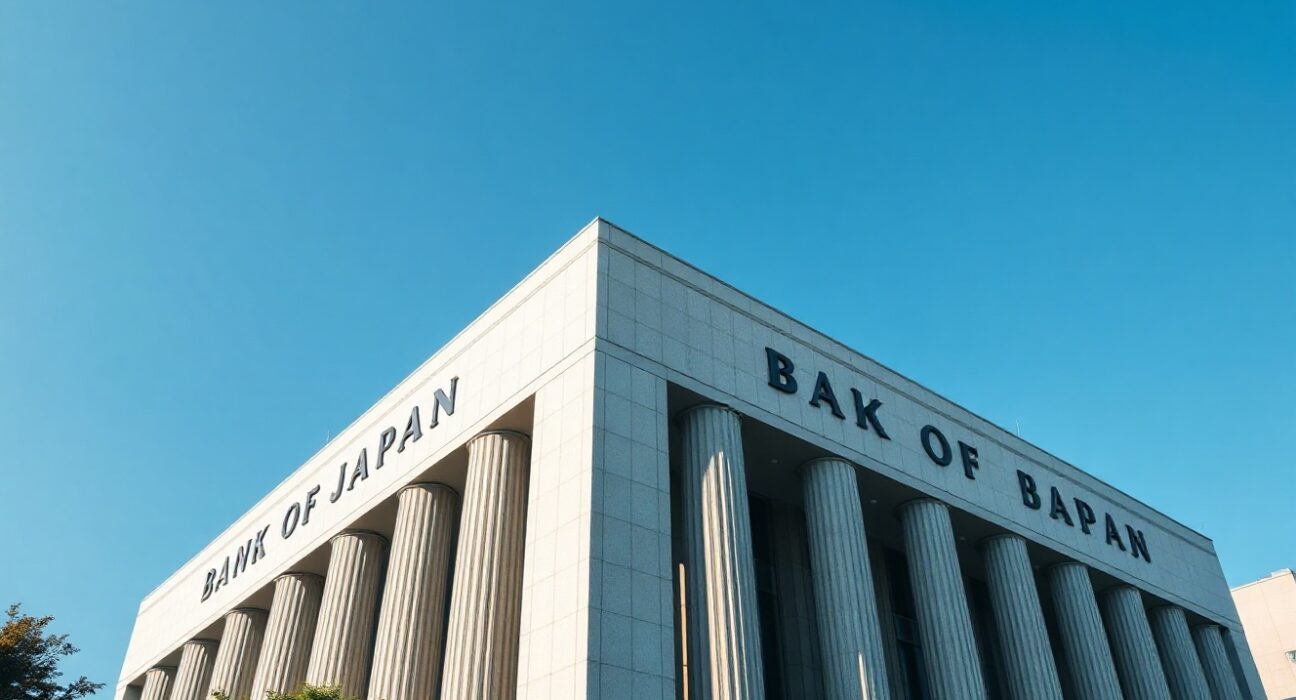 Bank of Japan headquarters building in Tokyo on a sunny day, representing upcoming monetary policy decision.