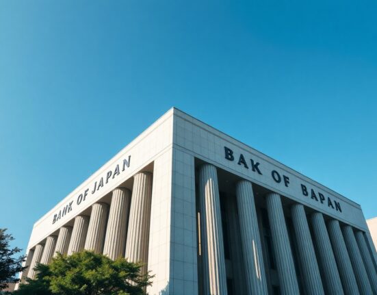 Bank of Japan headquarters building in Tokyo on a sunny day, representing upcoming monetary policy decision.