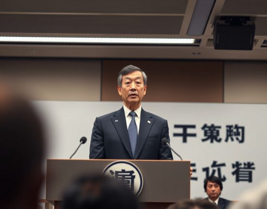 Bank of Japan official Masu speaking at a press conference about energy risks from Iran conflict