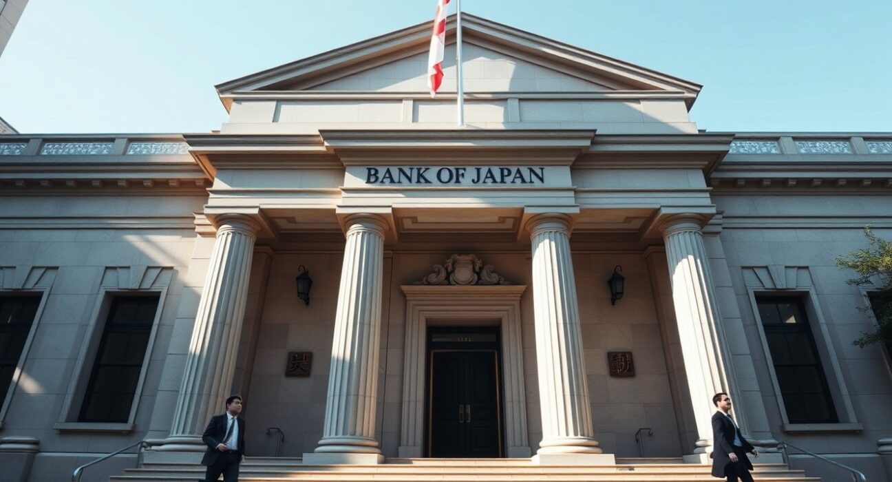 Bank of Japan headquarters in Tokyo on a sunny day, representing central bank monetary policy decisions.