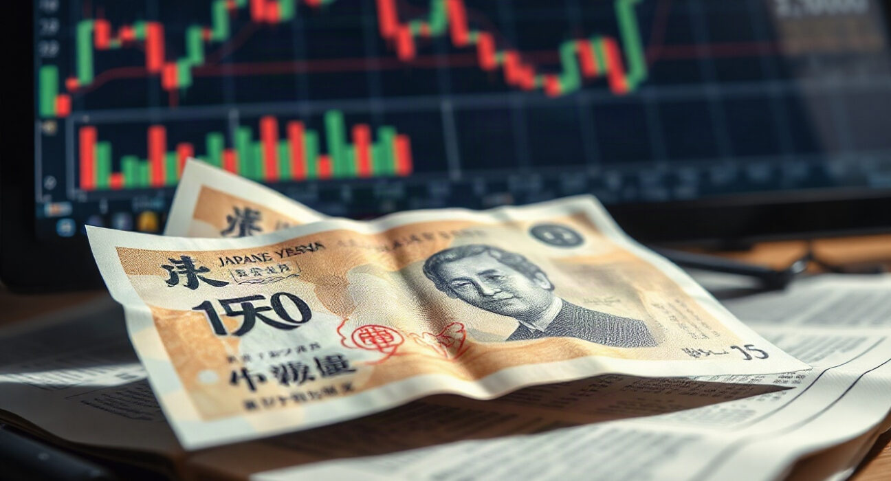 Japanese yen banknotes and financial charts representing currency market analysis
