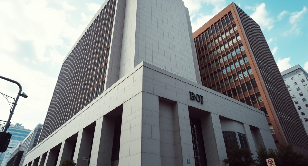 Bank of Japan headquarters in Tokyo on a cloudy morning