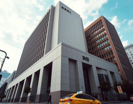 Bank of Japan headquarters in Tokyo on a cloudy morning