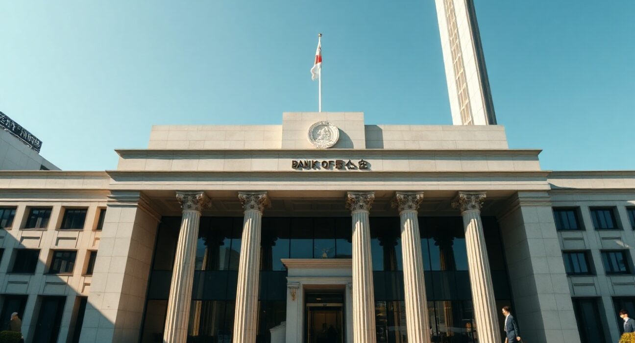 Bank of Japan headquarters in Tokyo on a clear day, symbolizing monetary policy uncertainty.