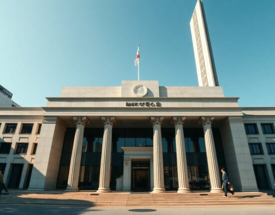 Bank of Japan headquarters in Tokyo on a clear day, symbolizing monetary policy uncertainty.