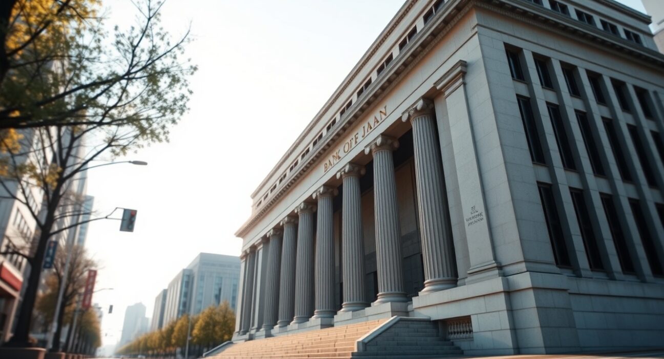 Exterior of the Bank of Japan headquarters in Tokyo on a clear day.