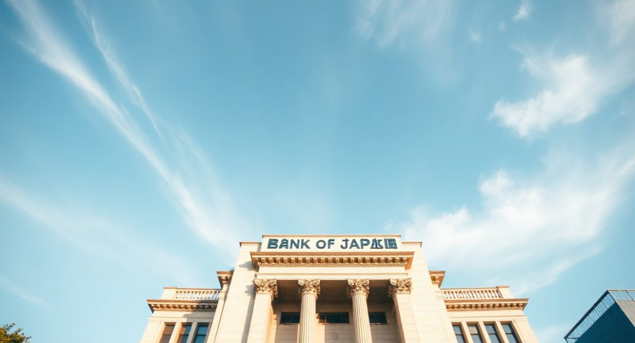 Bank of Japan headquarters building in Tokyo on a clear day, representing monetary policy decisions.