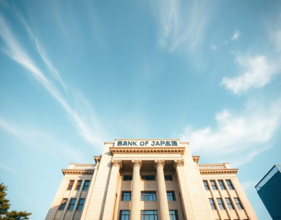 Bank of Japan headquarters building in Tokyo on a clear day, representing monetary policy decisions.