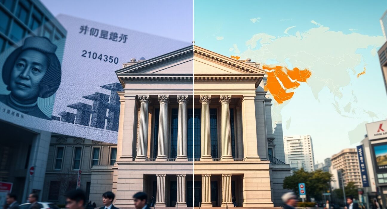 Bank of Japan headquarters with split economic indicators showing monetary policy division amid Middle East conflict risks