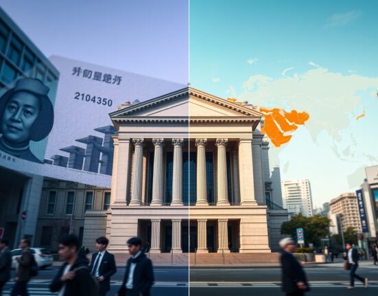 Bank of Japan headquarters with split economic indicators showing monetary policy division amid Middle East conflict risks