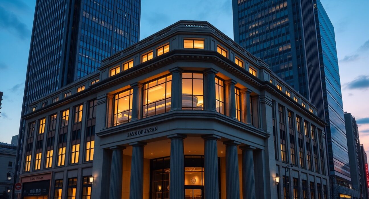 Bank of Japan headquarters building representing monetary policy decisions and potential rate hike timing analysis