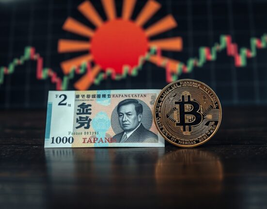 Japanese yen banknote and Bitcoin coin on a desk with financial charts in the background