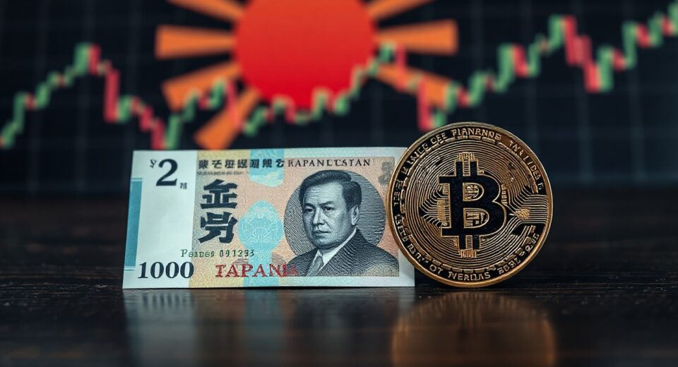 Japanese yen banknote and Bitcoin coin on a desk with financial charts in the background