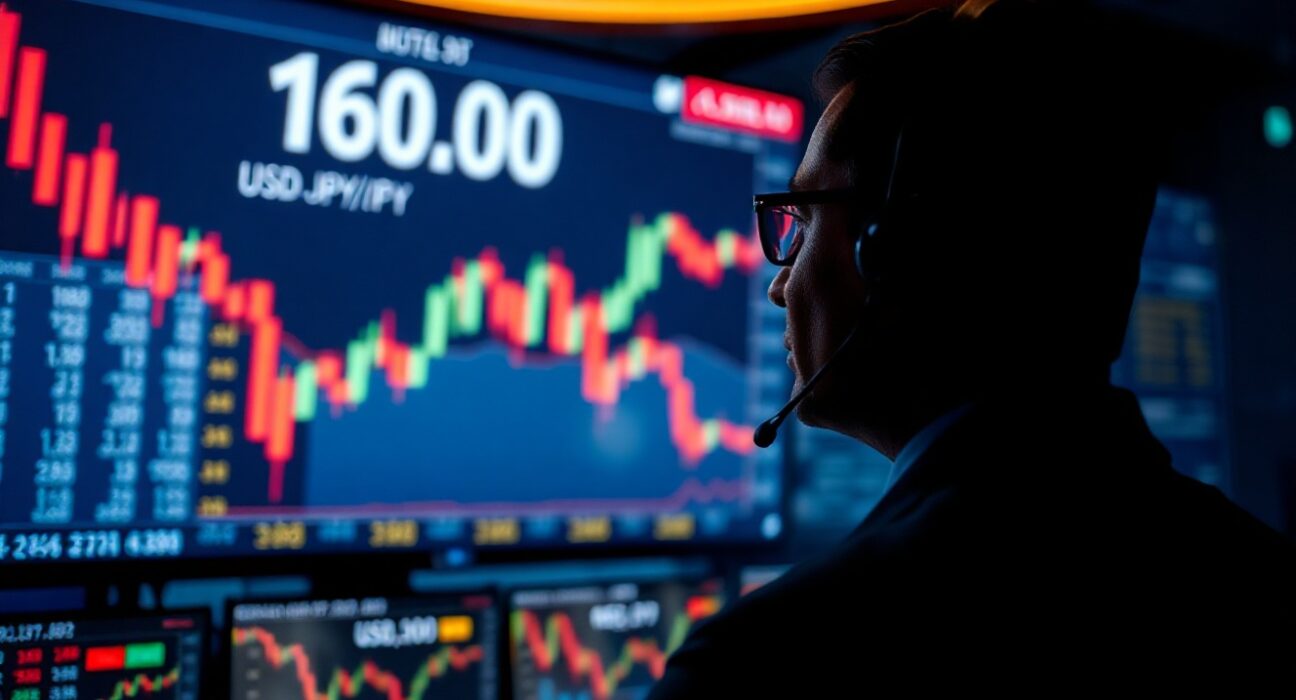 Forex trader monitoring USD/JPY exchange rate at 160.00 in a dealing room