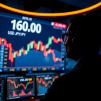 Forex trader monitoring USD/JPY exchange rate at 160.00 in a dealing room