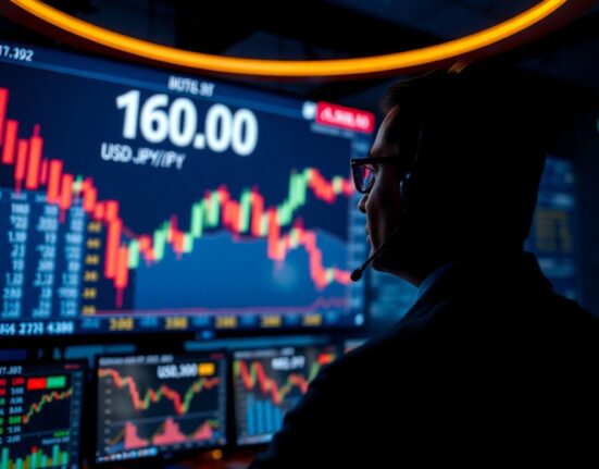 Forex trader monitoring USD/JPY exchange rate at 160.00 in a dealing room