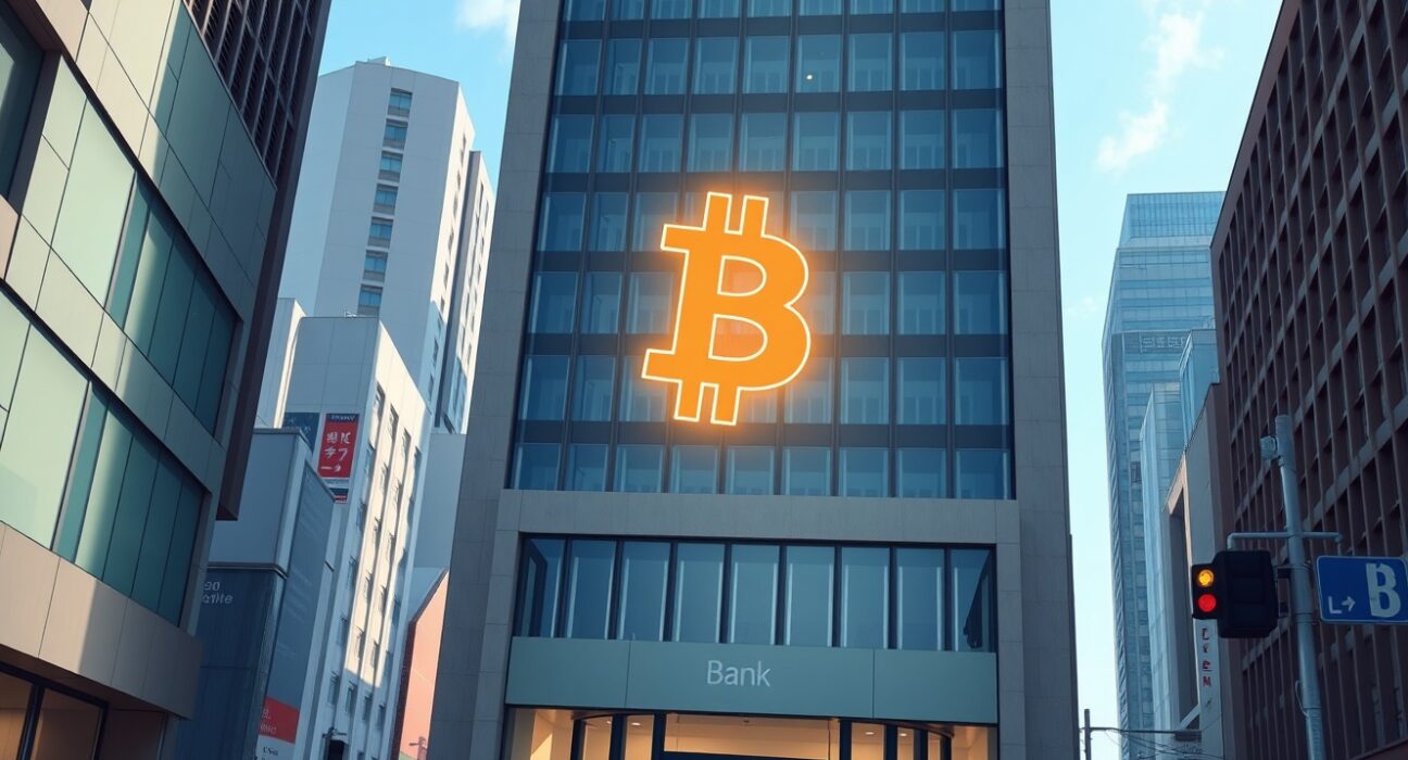 BOJ building with Bitcoin symbol representing central bank policy impact on cryptocurrency markets