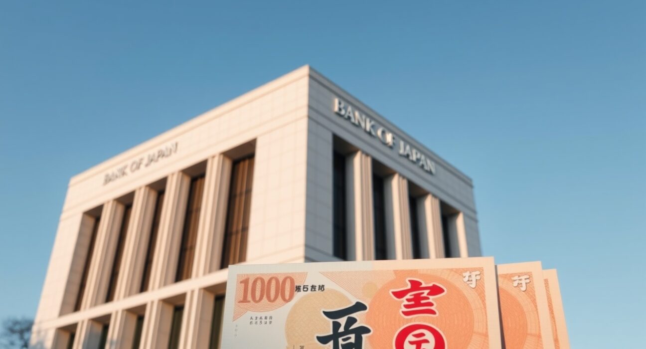 Bank of Japan headquarters in Tokyo with Japanese Yen banknotes in foreground, signaling monetary policy shift.