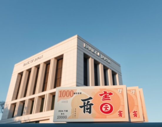 Bank of Japan headquarters in Tokyo with Japanese Yen banknotes in foreground, signaling monetary policy shift.