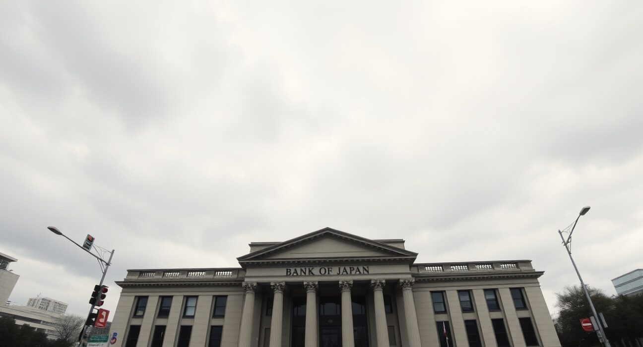 Bank of Japan building in Tokyo with USD/JPY currency symbols, representing BoJ split vote normalization risks and yen outlook.