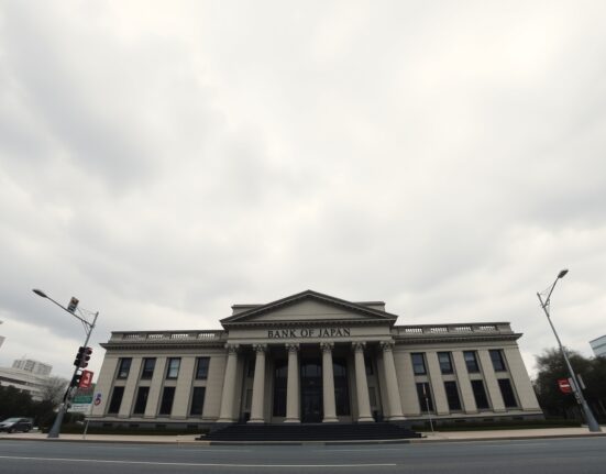 Bank of Japan building in Tokyo with USD/JPY currency symbols, representing BoJ split vote normalization risks and yen outlook.