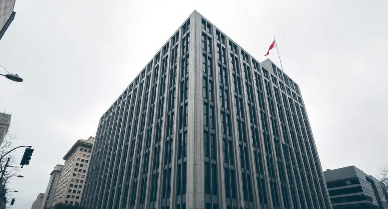 Exterior view of the Bank of Japan headquarters in Tokyo on a cloudy day.